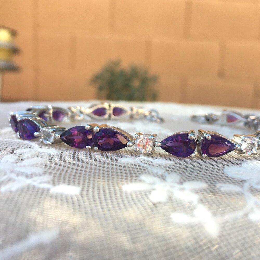Genuine Zambian Amethyst White Topaz .925 Sterling Silver Bracelet Natural Gems